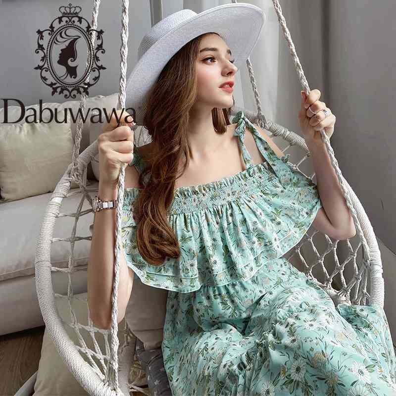 

Dabuwawa Exclusive Summer Bohemian Dress Women Sleeveless Slash Shoulder Ruffle Pleated Long Beach Boho Dress Ladies DO1BDR052 210520, Green