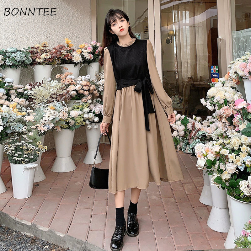 

Long Sleeve Dress Elegant Plus Size 3XL Fake Two Piece 2021 New Autumn Design Bow Knot Female Temperament Robe Trendy Vestidos, Dark blue