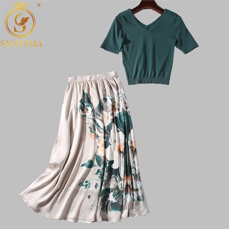 

HMA Autumn Women Elegant Knit Sweater Top Green Slim Pullovers +High Waist Floral Skirts Suit Female Two Piece Set 210708, Photo color