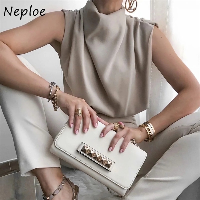High Neck Sleeveless Shoulder Strapless Sexy Blouse Women Solid Work Style Summer Blusas All Match 210422Z
