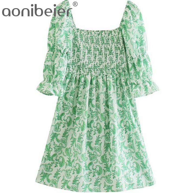 

Paisley Print Puff Sleeve Square Collar Shirred Body Women Casual Mini Dress Summer Female High Waist Green 210604, Gr