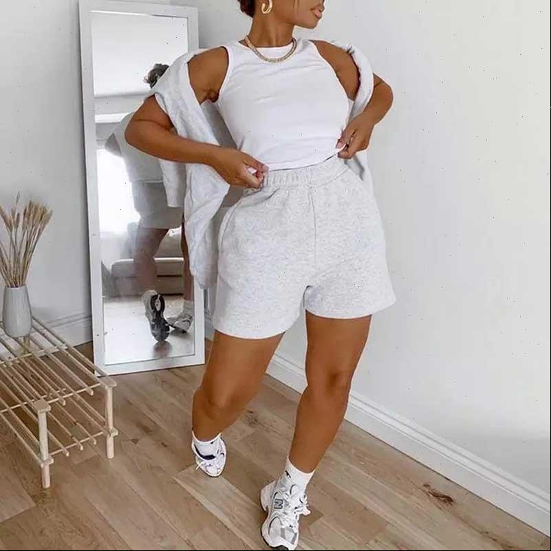 

Casual Sports Solid Color Women Shorts Elastic Waist Wide Leg with Slant Pockets Tracksuit Workout Bottoms, White;black