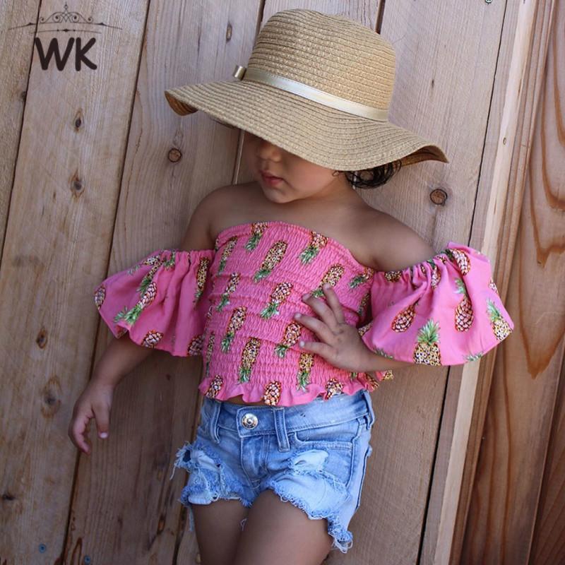 

Clothing Sets 2021 Summer Pineapple Tops T-Shirts Denim Shorts Outfits Girl Fashion Toddler Kids Baby Girls Clothes, As photo