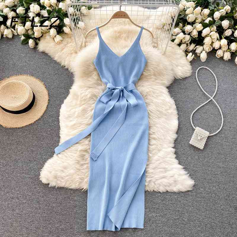 

Women Bodycon Midi Dress Summer Sexy V-neck Stretch Knitted Party Dresses Ladies Vintage Long Robe Vestidos Mujer 210602, White