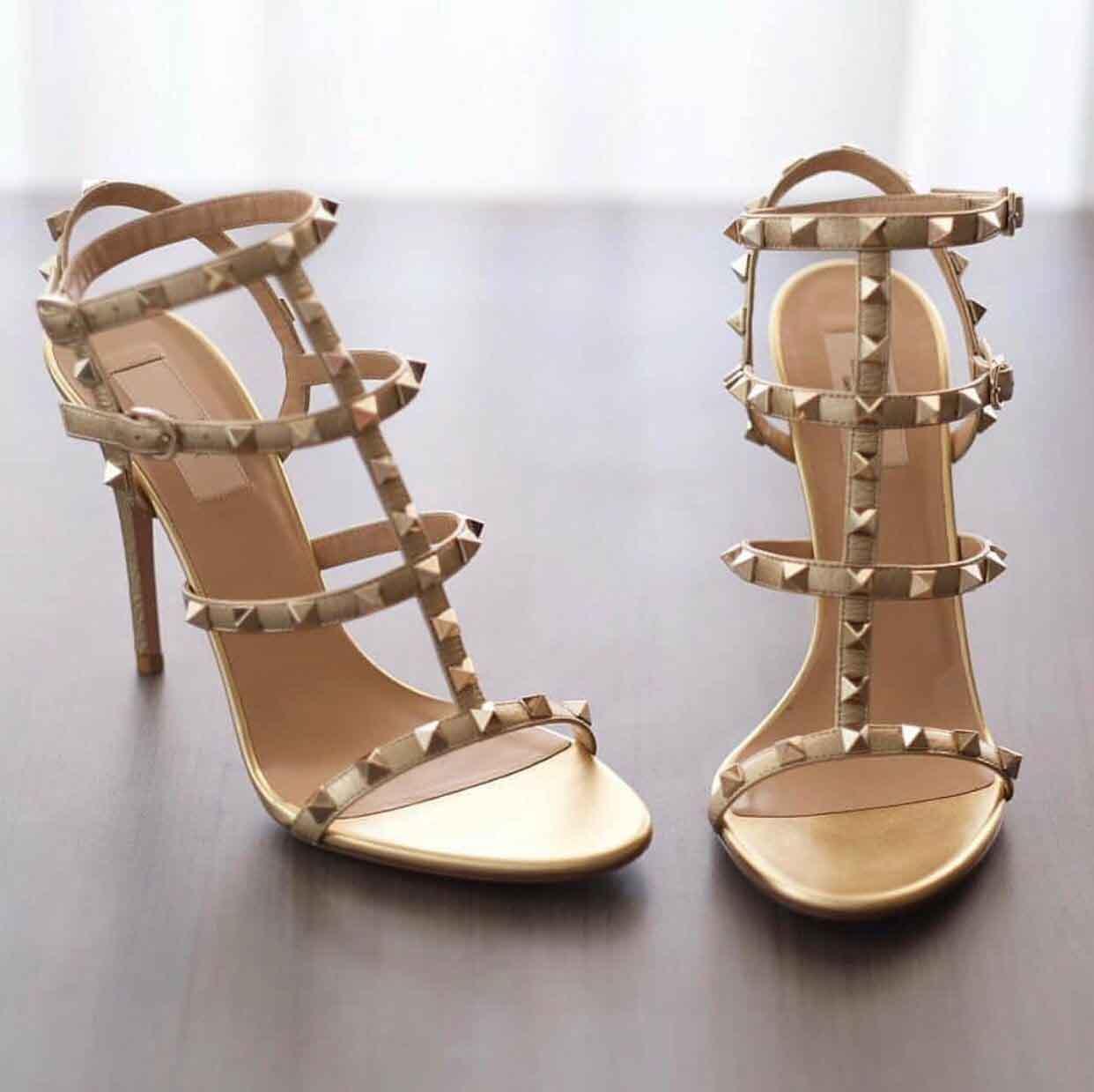

T-quality Brands Women's Rock Stud Sandals Calfskin Leather Strappy Lady Girl High Heels Perfect Gladiator Sandalias Dress Wedding EU35-43, Black