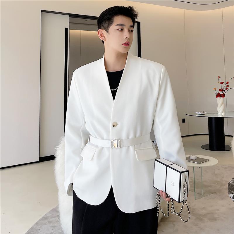 

Men's Suits & Blazers 2021 Autumn Korean Style Personalized Collar Design Suit Men Casual Loose Waist Belt For -XL, Black