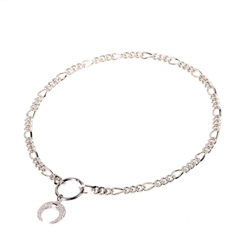 

Pendant Necklaces Fashion Inlaid Zircon Moon Necklace For Women Hip Hop Gold Plated Figaro Chain Choker Wholesale Christmas Jewelry Gift, Silver