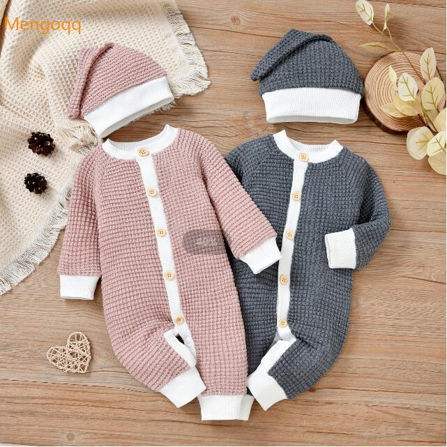 

Jumpsuits Baby Boys Autumn Spring Full Sleeve Patchwork Single-breasted Outfits Kids Infant Girls Jumpsuit+hat Born Romper 0-18M, Blue