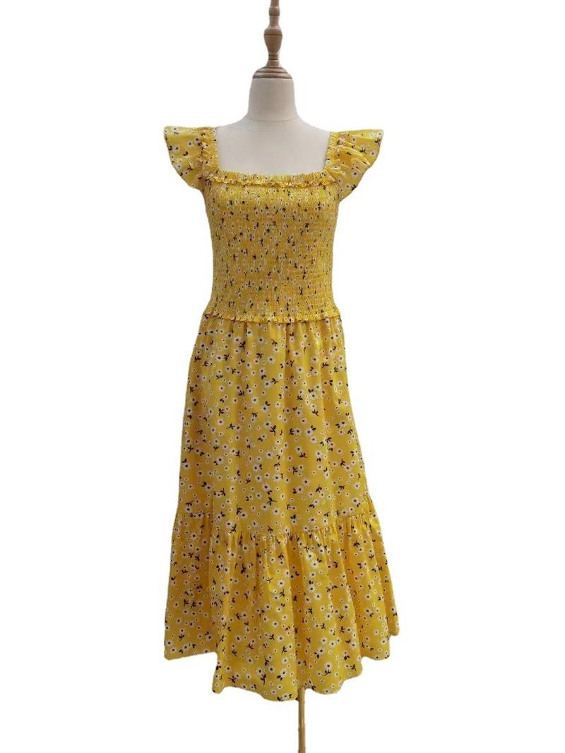 

Casual Dresses Cotton Yellow Fresh Flower Lotus Leaf Sleeve Women