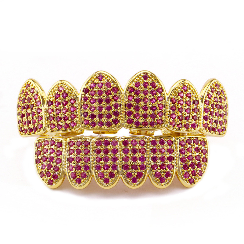 

Iced Out Men Women Grillz Teeth Hip Hop AAA orange Zircon Fang Mouth Caps Top & Bottom Dental Grills Set hip hop body jewelry