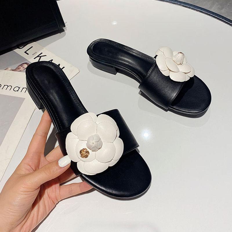 

Slippers Designer Camellia Flower Women 2021 Sandalias Summer Lazy Shoes Ladies Ins Low Heels Metal Floral Slides Mujer, Black