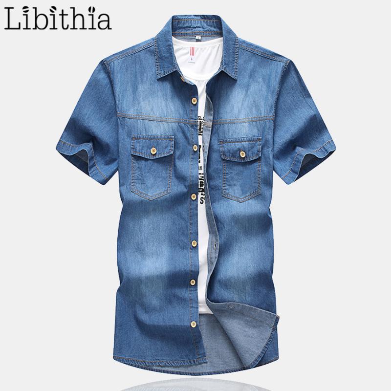 

Mens Denim Dress Shirts Casual Cotton Buttons Summer Fashion 2021 Big Size -8XL Short Sleeve Blue Clothes Male B3 Men's