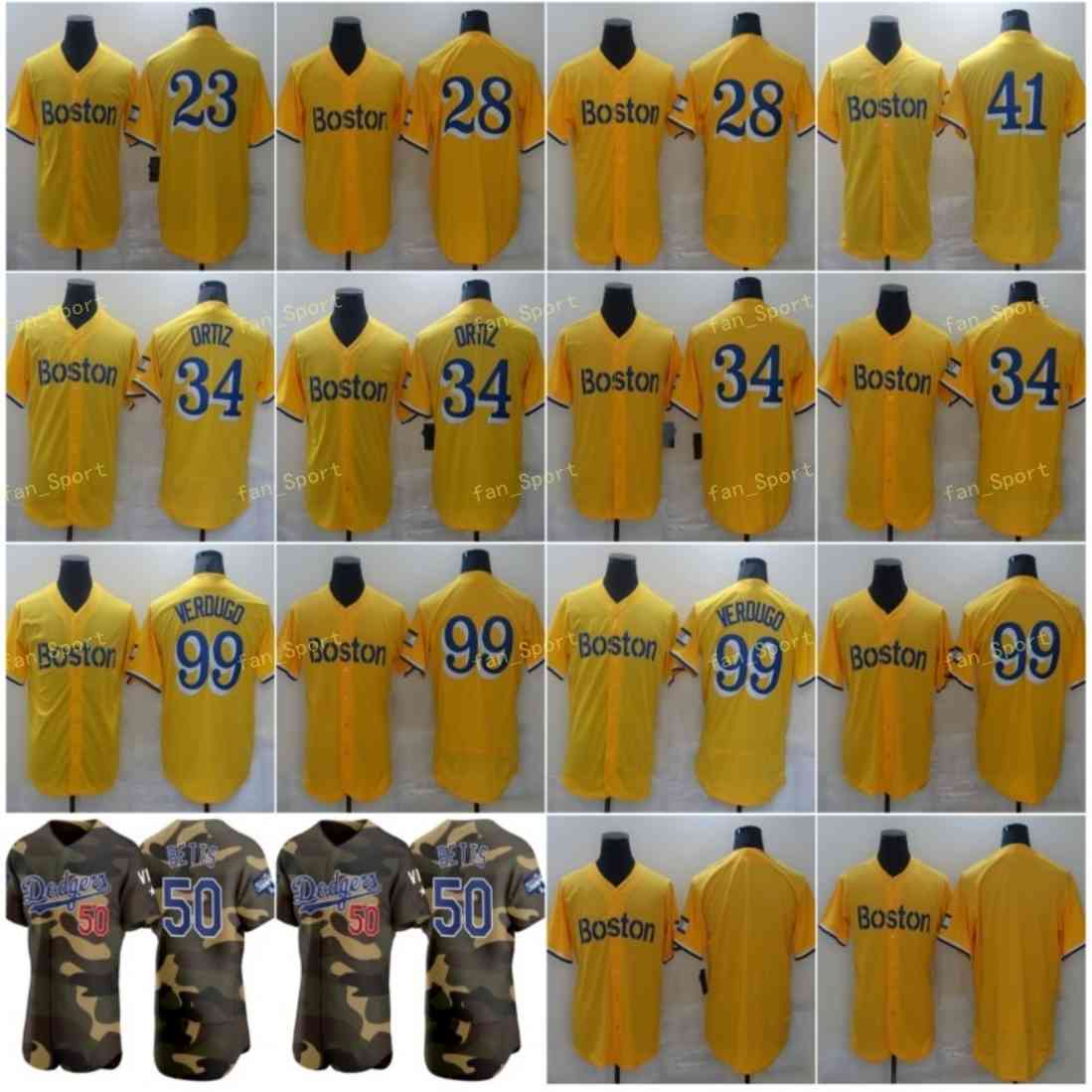 

City Connect Gold 23 Luis Tiant Baseball Jerseys 28 J.D. Martinez 34 David Ortiz 41 Chris Sale 50 Mookie Betts 99 Alex Verdugo Stitched Flexbase Cool Base, Men