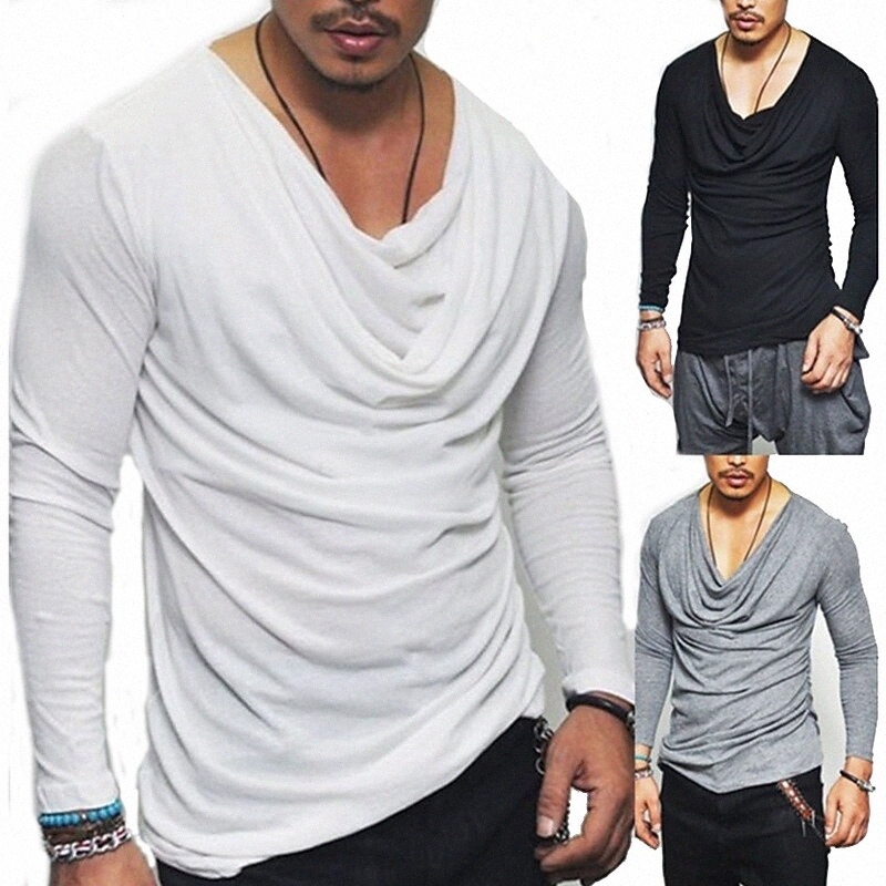Men's T shirt Solid Color Cowl Casual Daily Long Sleeve Tops Lightweight Fashion Big and Tall White Black Gray i7kM#