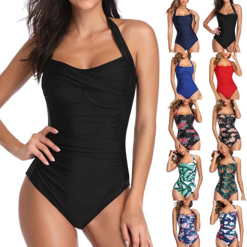 

One Piece Swimsuit Women Print Bathing Suit Halter Bodysuit 2021 Push Up Swim Monokini Beachwear Plus Size Swimwear Female Women's, Red