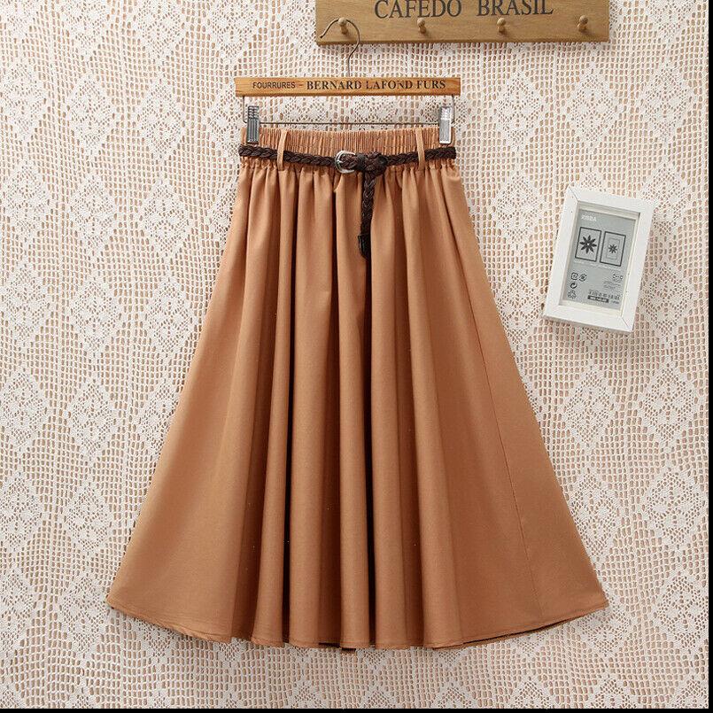 

1pc retro solid color womens skirts long casual belt stretch high waist skater flared pleated swing, Black