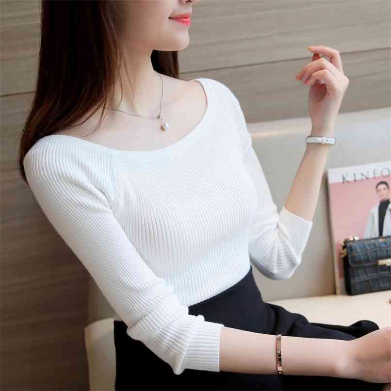 

Fashion sexy T-shirt female spring slim bottoming sweater pullover blouse long-sleeved thin one-neck 210520, White