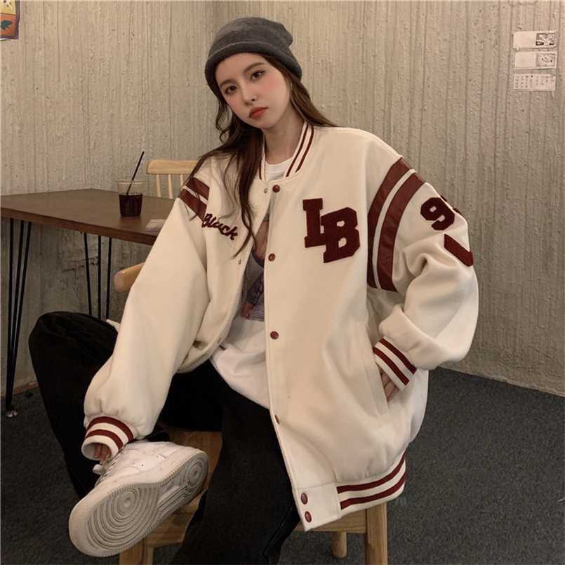 Baseball Jacket for Women Autumn Loose Bomber Jacket Women Oversize O Neck Embroidery Baseball Uniform Women's Jackets 211014
