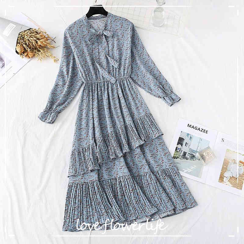 

Chiffon Dress Women Spring French Vintage Ruffles Long Dress Floral Print Casual Long Sleeve Pleated Dress Vestidos 210521, Beige
