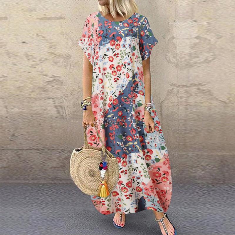 

Women' Swimwear Fashion Women Summer Dresses Short Sleeve Deep O Neck Long Maxi Casual Plus Size Printed Vintage Beach Dress