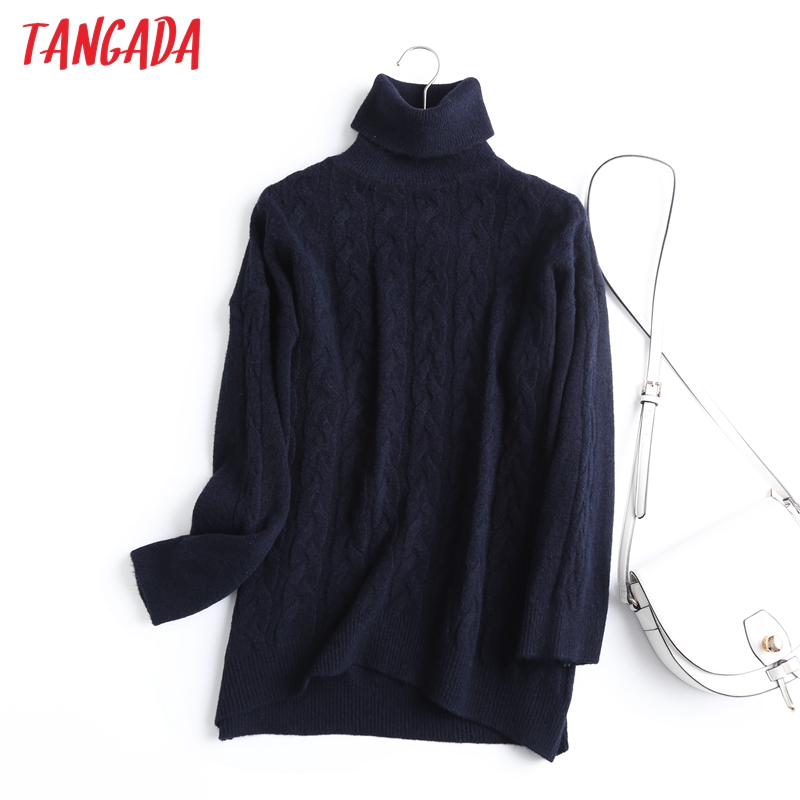 

Tangada 2021 Chic Women Oversized Wool Turtleneck Twist Sweater Vintage Ladies Thick Warm Knitted Jumper Tops 6D25, Navy blue