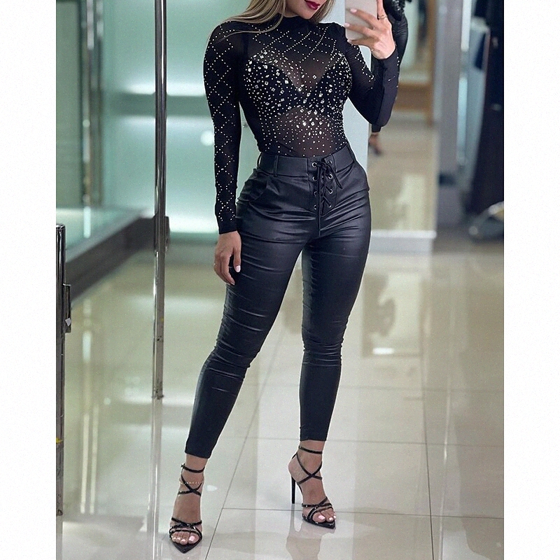 Women's Fashion Tights Leggings Side Pockets Drawstring Full Length Pants Casual Weekend Micro-elastic Plain PU Comfort Mid Waist Slim Black