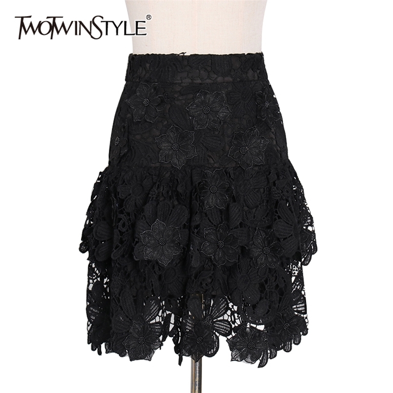 

Patchwork Flower Solid Skirt For Women High Waist Lace Hollow Out Mini Skirts Female Fashion Clothing 210521, White