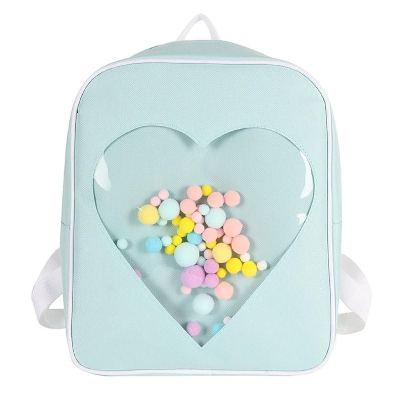 

School Bags Japanese Bag Candy Color Clear Love Heart Shape Backpack For Women Girls, Blue