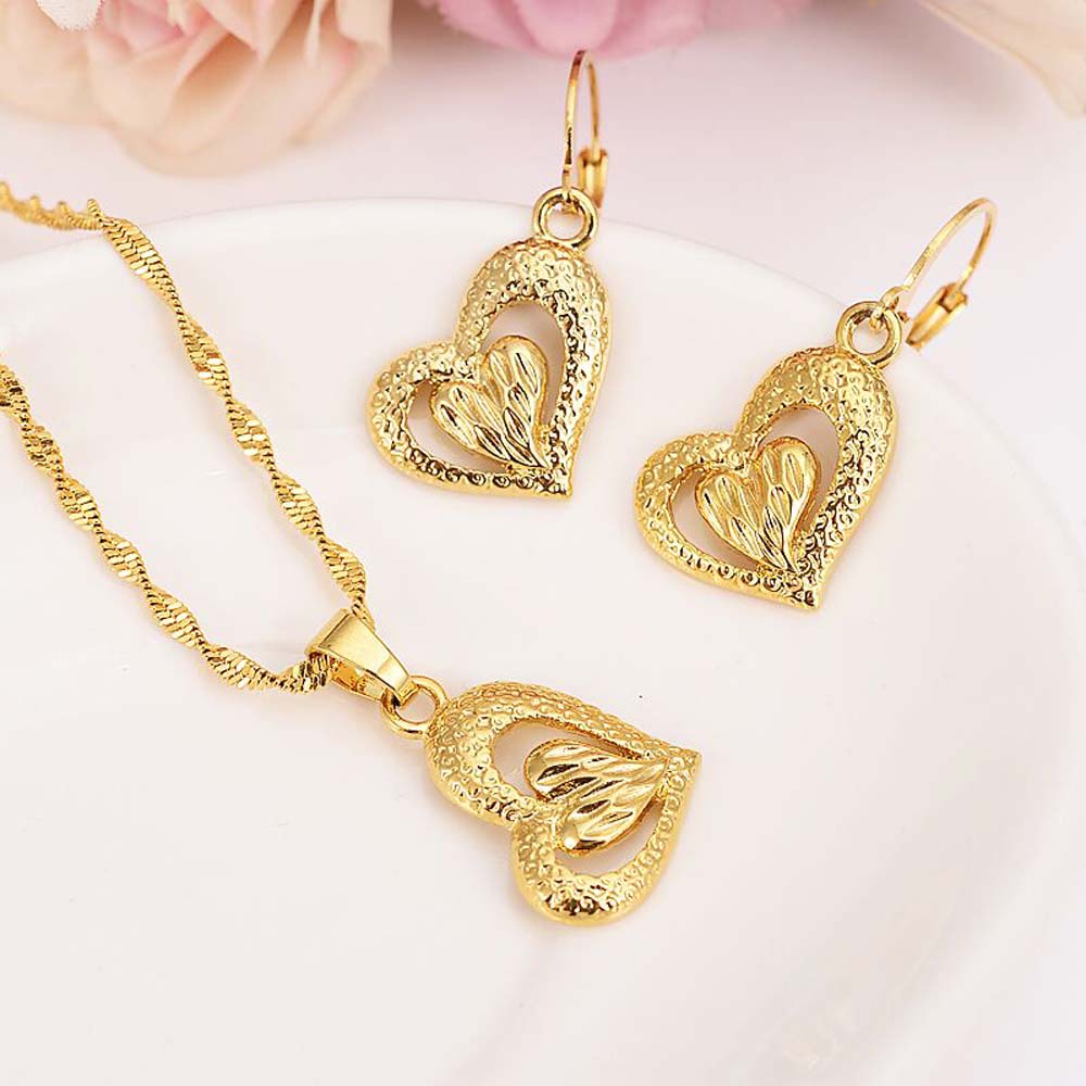 18 k Yellow Gold Necklace Earring Engravable Stacked Two Love Hearts Specific character Matching Pendant Set-image-677960173