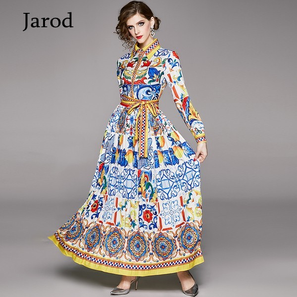 

Fashion Designer Maxi Dress Spring Women's Long Sleeve Boho Colorful Flower Print Casual Pleated Holiday Long Dress Robe 210518, Picture color