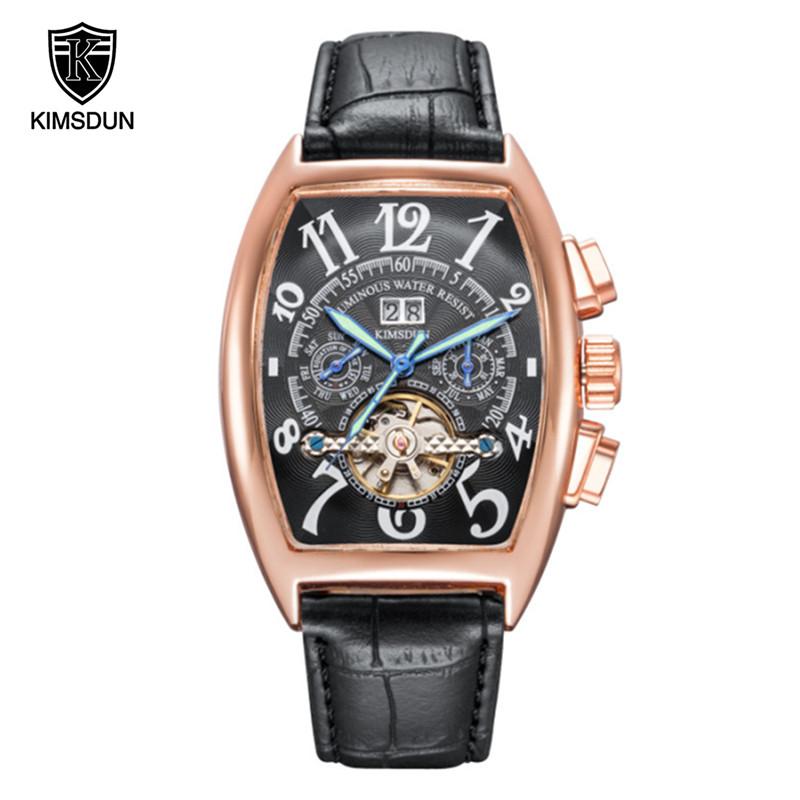 

Brand Men Watch Barrel Type Tourbillon Automatic Mechanical Waterproof Luminous Business Black Leather Wristwatches