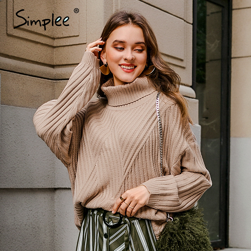 

Simplee Casual turtleneck knitted sweater female Warm lady white sweater autumn winter Batwing long sleeve pullover jumper 2021, Light tan