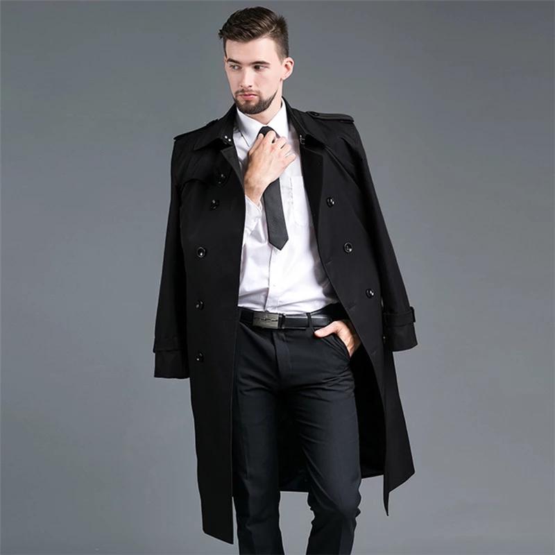 

Men' Trench Coats Men Brand 2021 Tops Spring Autumn Slim Double Breasted X-Long Khaki Coat Lapel Outerwear British, Black