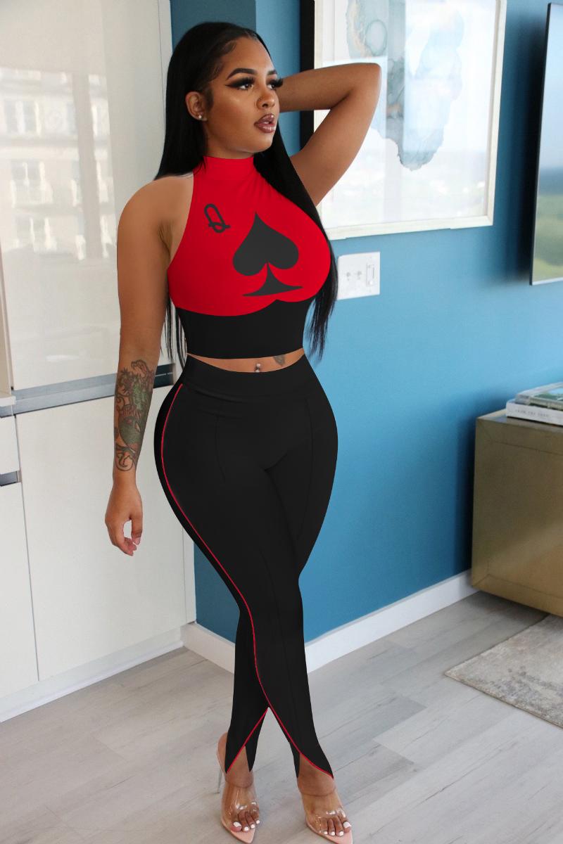 

Women' Tracksuits Poker Printed WomenTwo Piece Sets Summer Clothes For Women Sportwear Sexy Matching Crop Top And Skinny Pants Set, Red