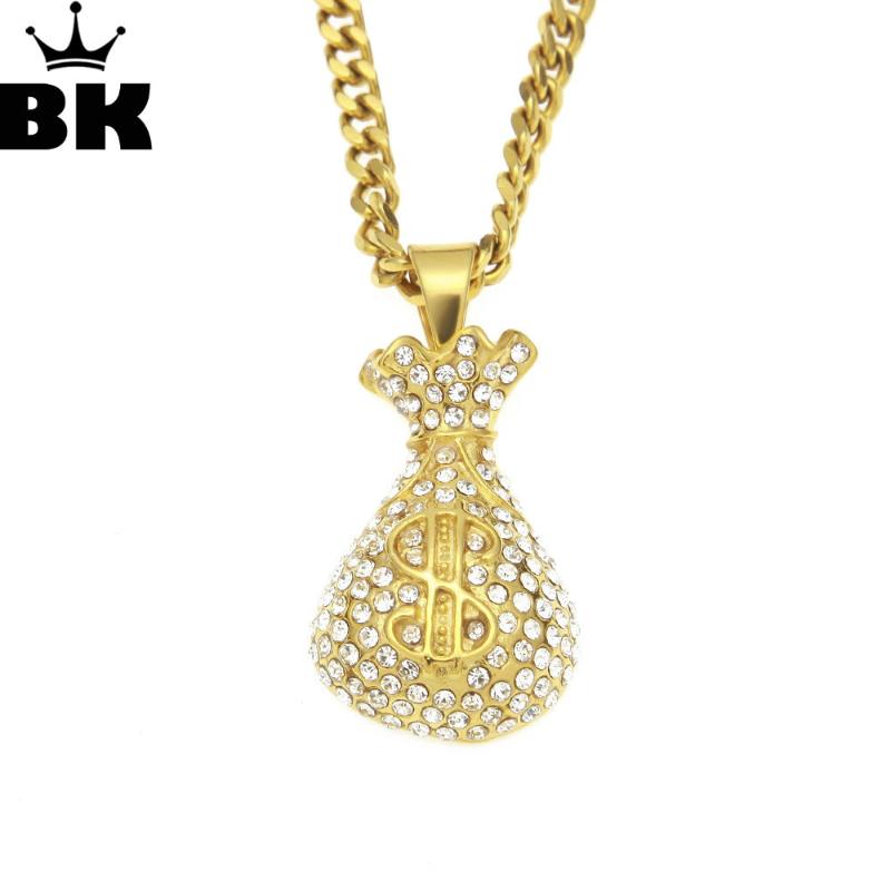 Pendant Necklaces Men&#039;s Stainless Steel Money Bag Punk Necklace Gold Color Hip Hop Iced Out Bling Rhinestone Charming Jewelry-image-704476697