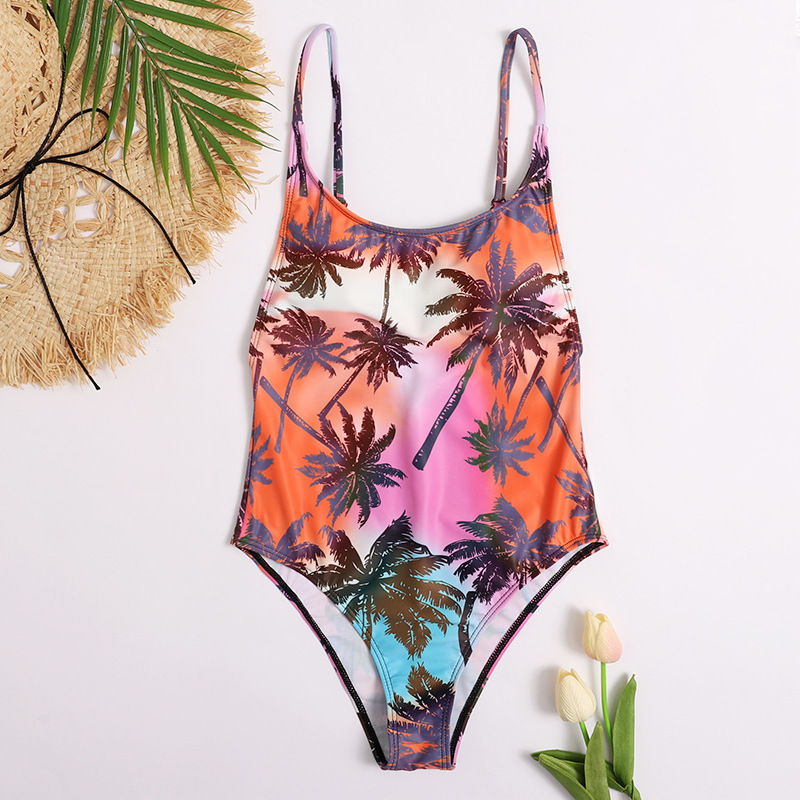 

Swimsuit Bodysuit Coconut Tree Print Swimwear Women Bathing Suit Beach Backless High Leg Monokini 210520