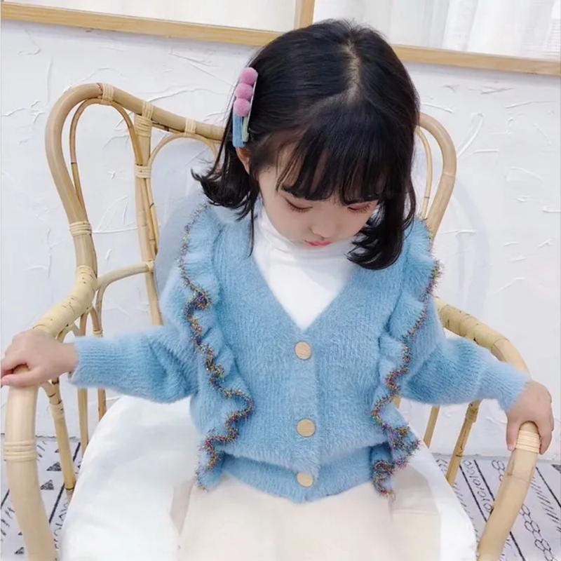 

Pullover Autumn Children Sweater Jackets For Girls Button Ruffles V Neck Knitted Sweaters Baby Toddler Girl Fall Coat Cute Tops 6 8 9, Beige