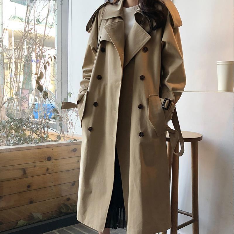 

Women's Trench Coats Women Solid Khaki Long Trenchs Coat For Spring Autumn Windbreaker Double Breasted Slim Korean Style Comfortable Chic, Tan;black