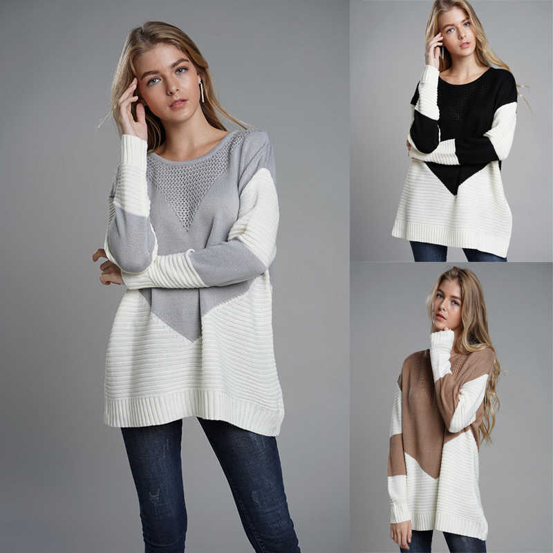 

Women's sweater autumn fashion loose stitching temperament round neck long-sleeved pullover 210527