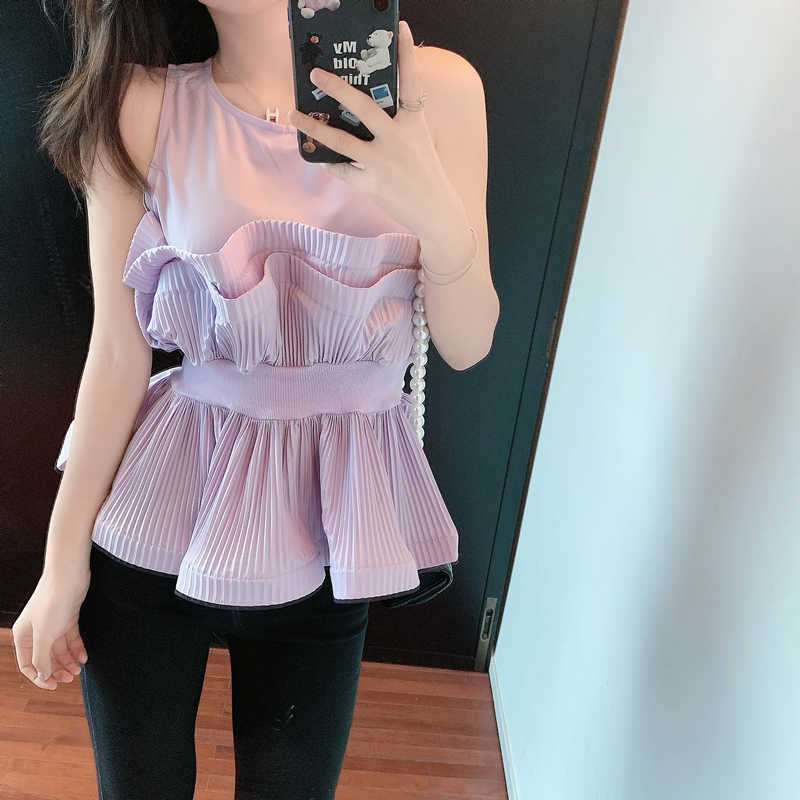 

Summer Women Retro Fashion Ruffles Sleeveless Slim Shirts Elegant Sweet O-Neck Casual High Waist Chic Top 210526, Photo color
