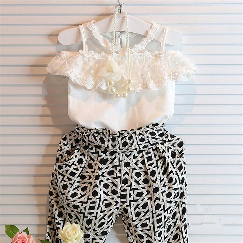 

Clothing Sets Baby Girls Clothes Lace Strapless T-shirt Cropped Pant 2PCS Suit Child Party Costume Toddler Kids Tracksuit A287, White