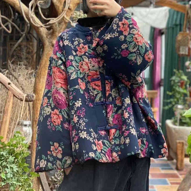 

Johnature Women Warm Cotton Vintage Print Flower Parkas O-Neck Spring Loose Retro Chinese Style Women Parkas Coat 210521, Blue