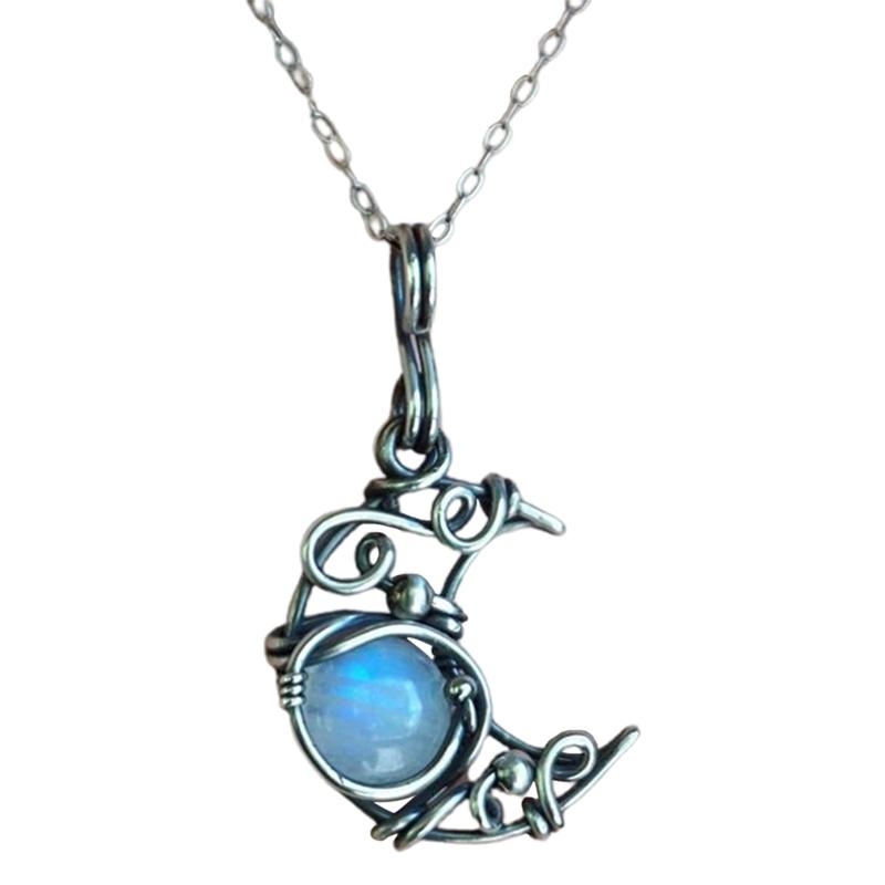 Pendant Necklaces Crescent Necklace Moonstone June Birthstone Half Moon Phase Boho Jewelry Rainbow Wire Wrapped Opalite-image-706305861