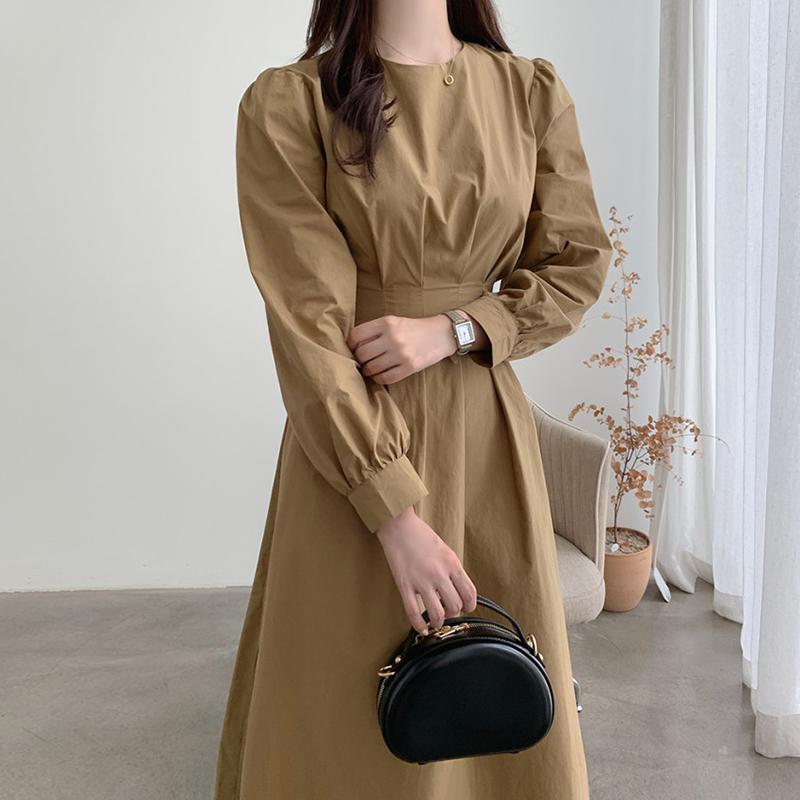 

Casual Dresses Korean Chic Minimalism Full Pleated Back Bow Lace Up Waist O Khaki Puff Sleeve Dress Women Loose Solid Vestidos Elegant, Black;gray