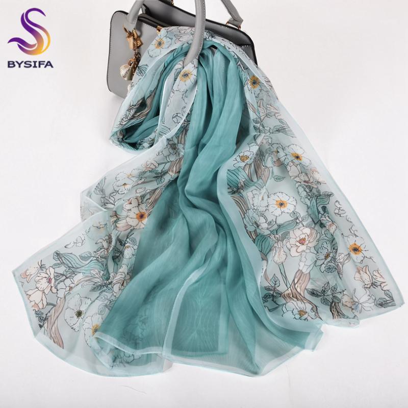 

Scarves [BYSIFA] Bean Green 100% Silk Chiffon Hijab Scarf Ladies Brand Long Beach Shawls Autunm Winter Women Floral Design, Blue;gray