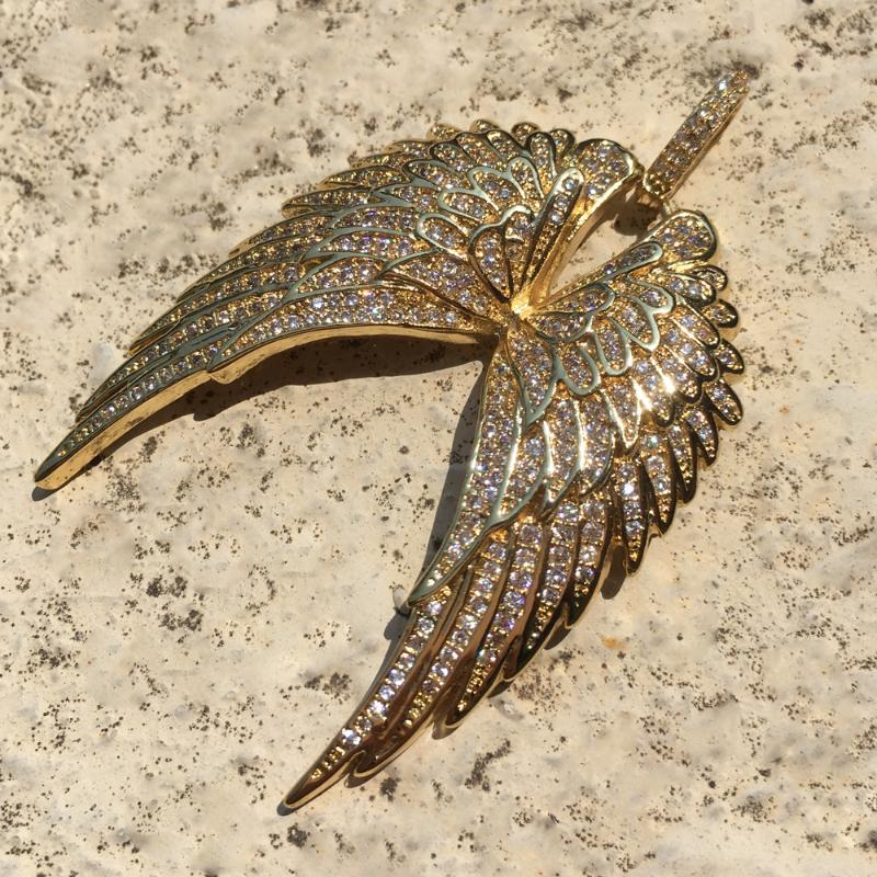 

Pendant Necklaces Men Women Brass Feather Micro Pave Hip Hop Zircon Angel Wing Necklace