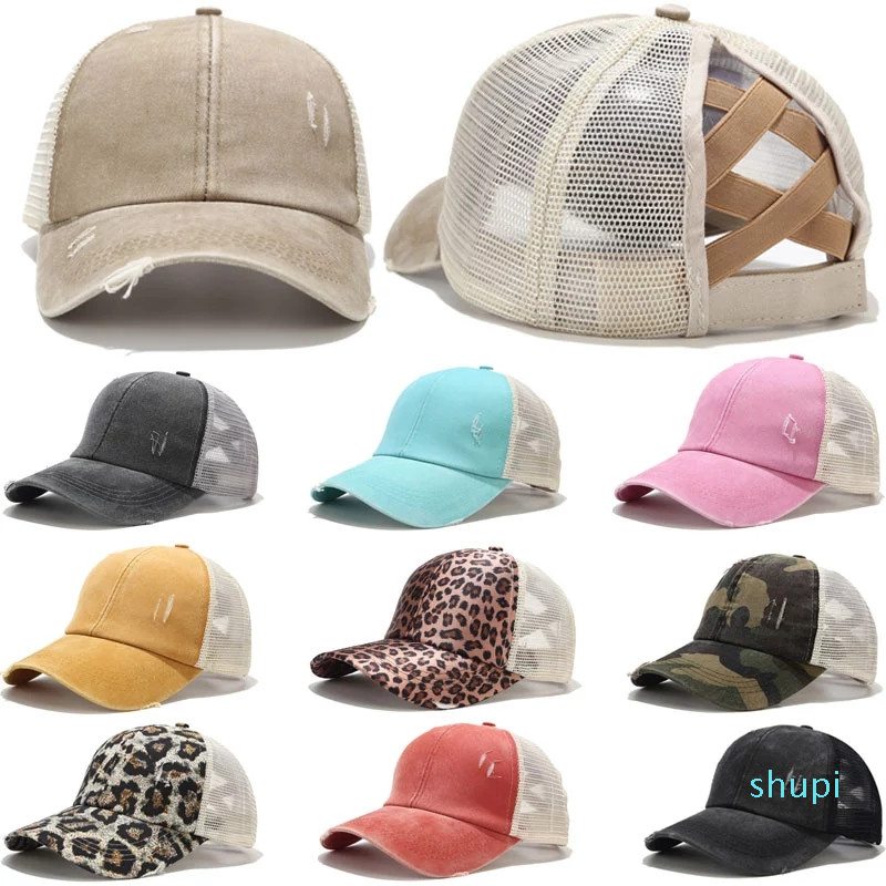 

Ponytail Hat Washed Mesh Back Leopard Camo Hollow Criss Cross Ponytail Messy Bun Baseball Cap Girls Trucker Hat, Mix color
