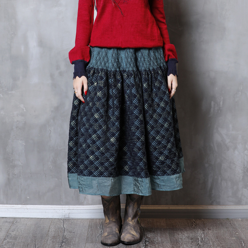 

Johnature Autumn Fashion Patchwork Plaid Retro Half Skirt Simple Leisure Comfortable Elastic Waist Women Pleated Skirt 210521, Blue