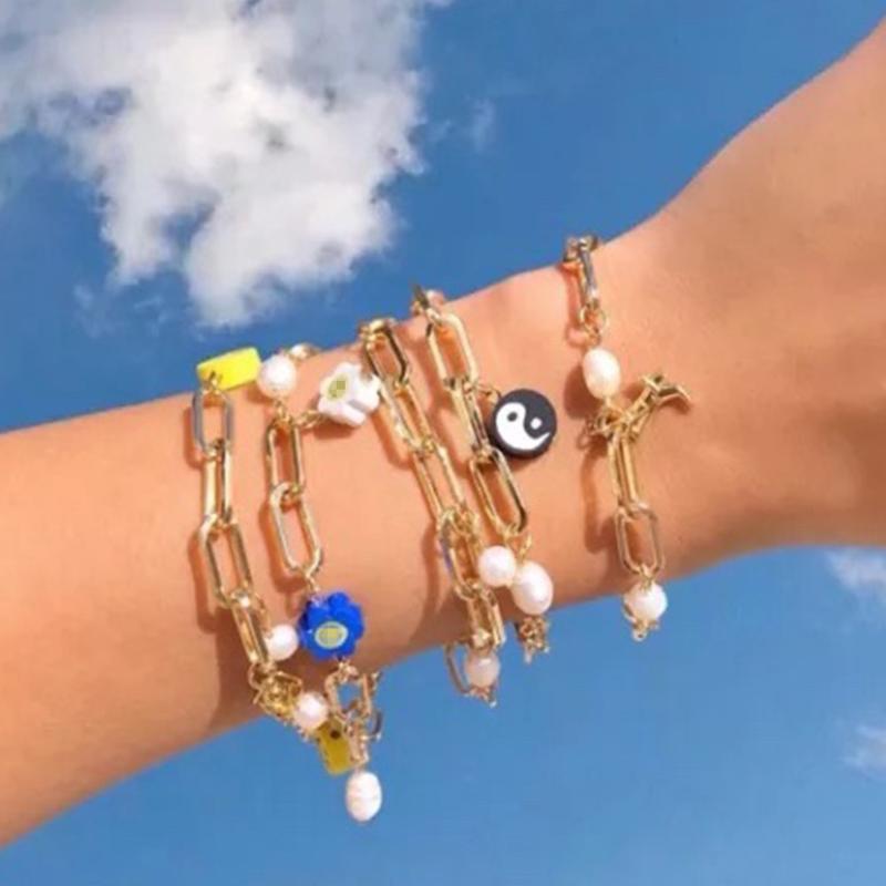 

Charm Bracelets Simple Metal Link Chain Yin Yang Beads For Women Girls Gold Evil Eye Flower Pearl Bracelet Fashion Jewelry, Golden;silver