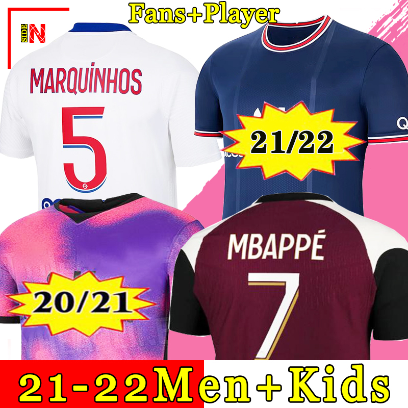 

21 22 high Thai quality soccer jersey MBAPPE VERRATTI MARQUINHOS KIMPEMBE DI MARIA KEAN football Jersey soccer tops men shirt and kids sets, 20-21 home men +patch1